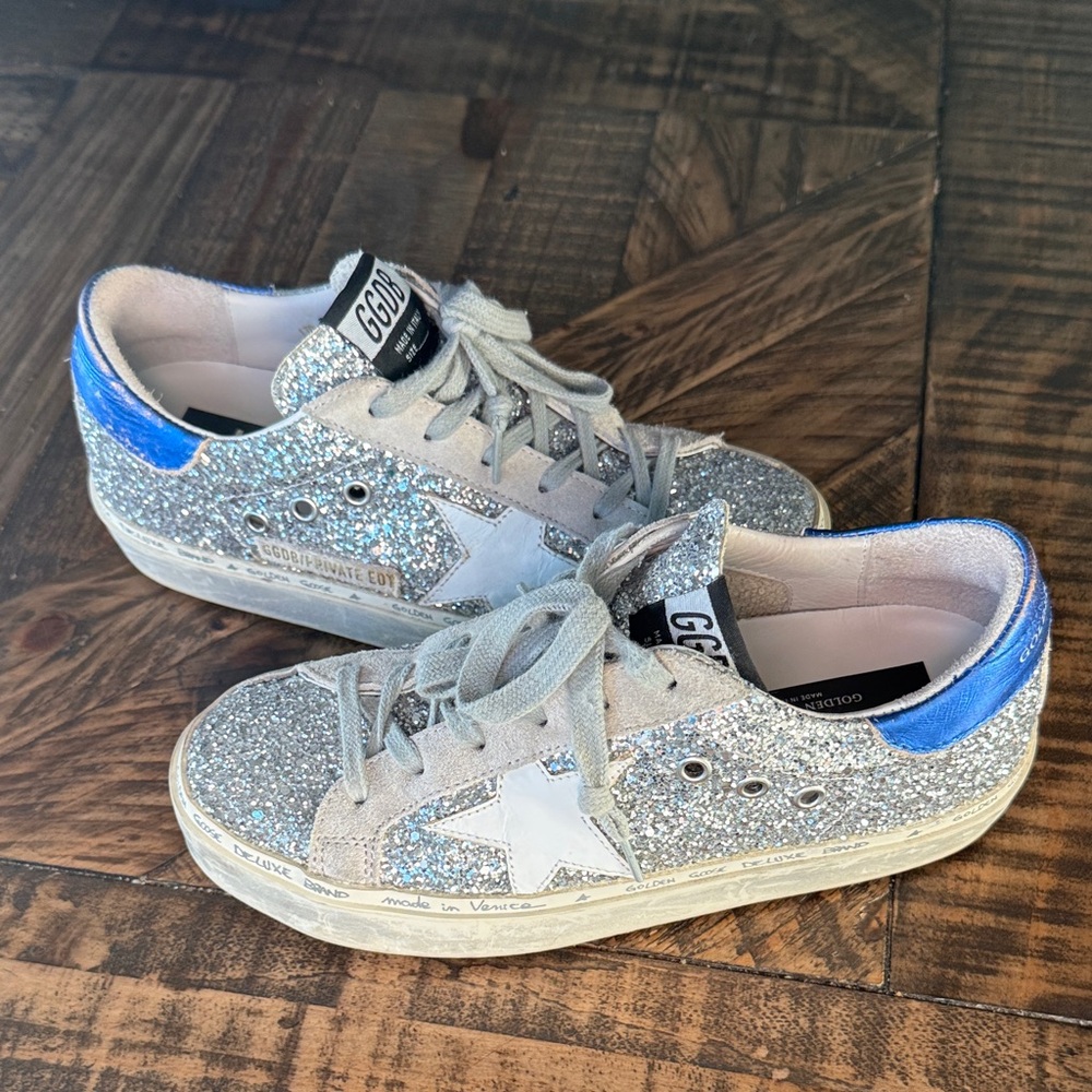 Golden Goose Silver Glitter Sneakers with Blue Highlights